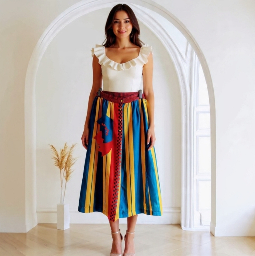 M💥Mario Valentino Vintage Asymmetrical Midi Skirt in Yellow&Blue